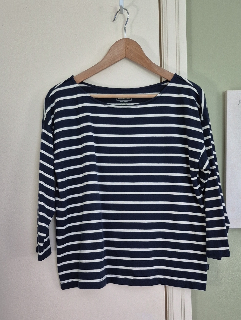 EUC L.L. Bean Navy & White Striped Boatneck Breton 3/4 Sleeve Top, SP